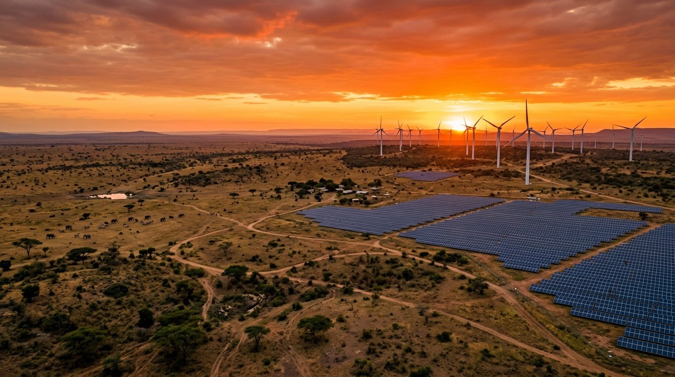 Solar panels and wind turbines at sunset in Africa