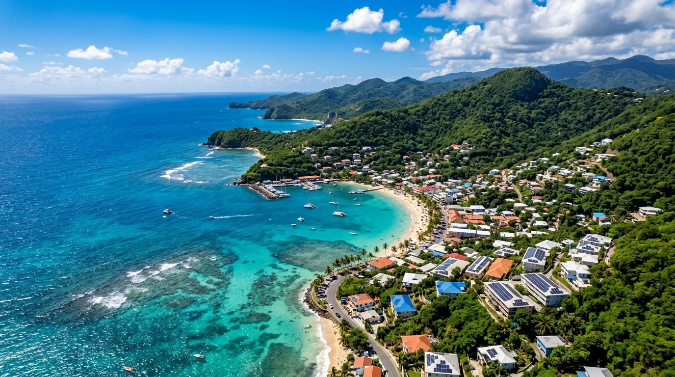 Aerial view of a Caribbean island coast